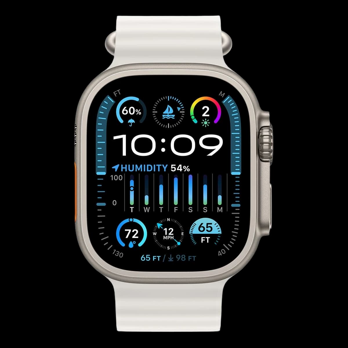 Apple Watch Ultra 2 (2023), 49 мм корпус из титана цвета «Natural», ремешок Ocean Band цвета «White»