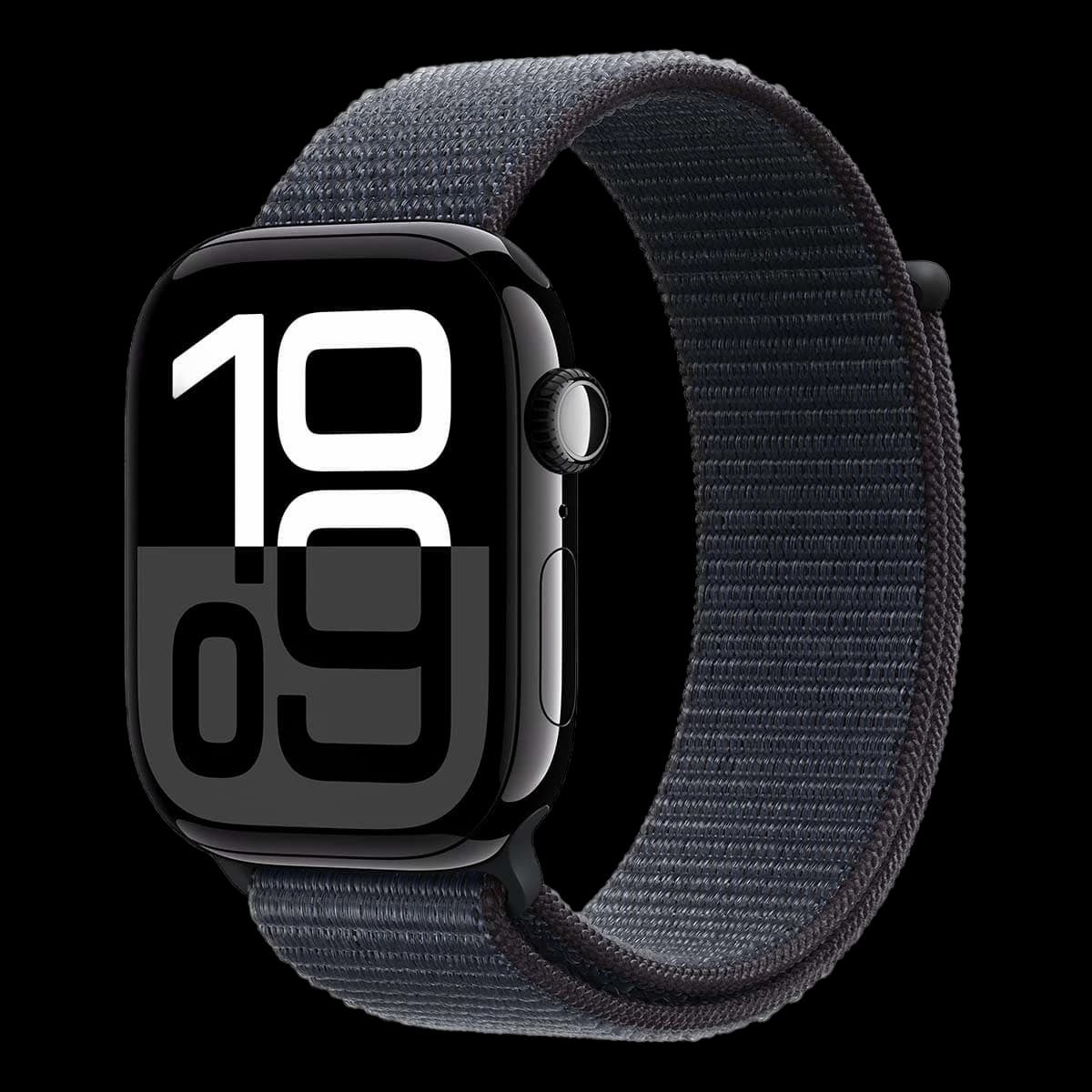 Apple Watch Series 10, 46 мм корпус из алюминия цвета «Jet Black», ремешок Sport Loop цвета «Ink»