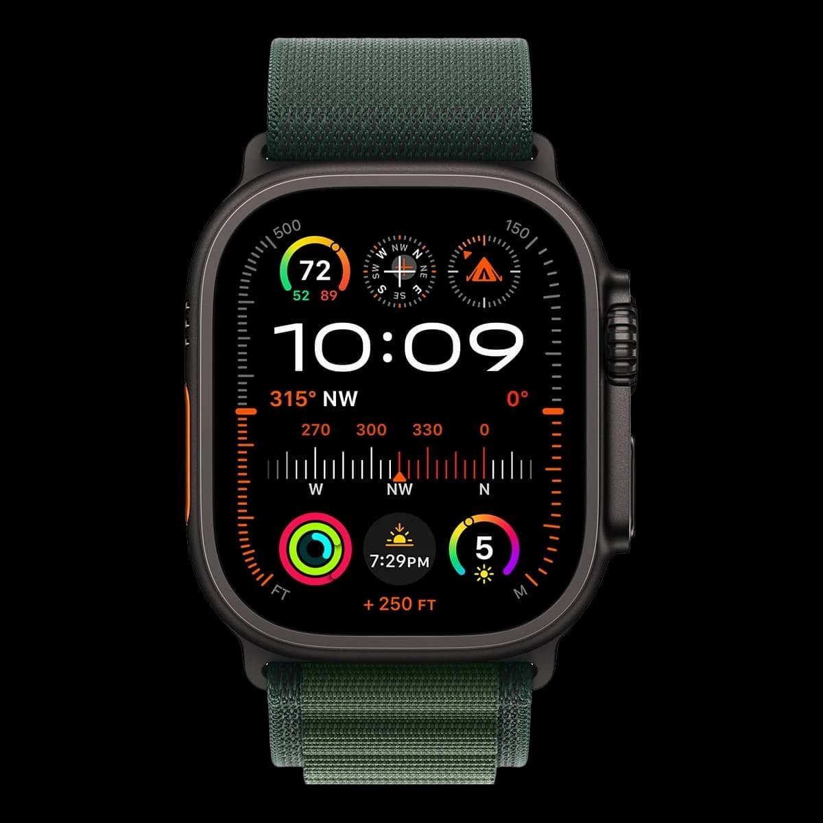 Apple Watch Ultra 2 (2024), 49 мм корпус из титана цвета «Black», ремешок Alpine Loop размера L цвета «Dark Green»