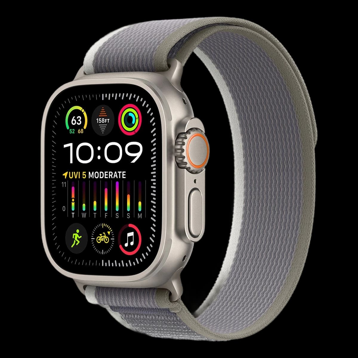 Apple Watch Ultra 2 (2023), 49 мм корпус из титана цвета «Natural», ремешок Trail Loop размера S/M цвета «Green/Gray»