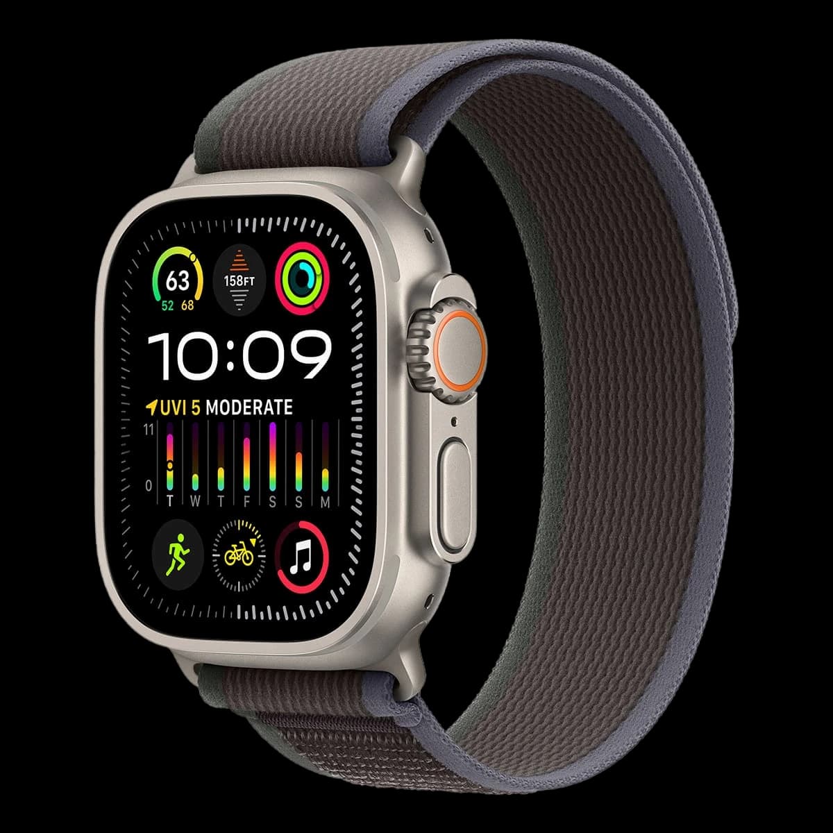 Apple Watch Ultra 2 (2023), 49 мм корпус из титана цвета «Natural», ремешок Trail Loop размера M/L цвета «Blue/Black»
