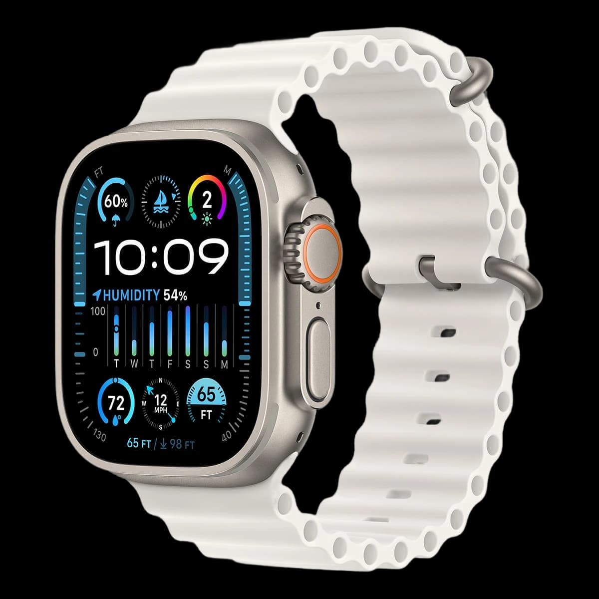 Apple Watch Ultra 2 (2023), 49 мм корпус из титана цвета «Natural», ремешок Ocean Band цвета «White»